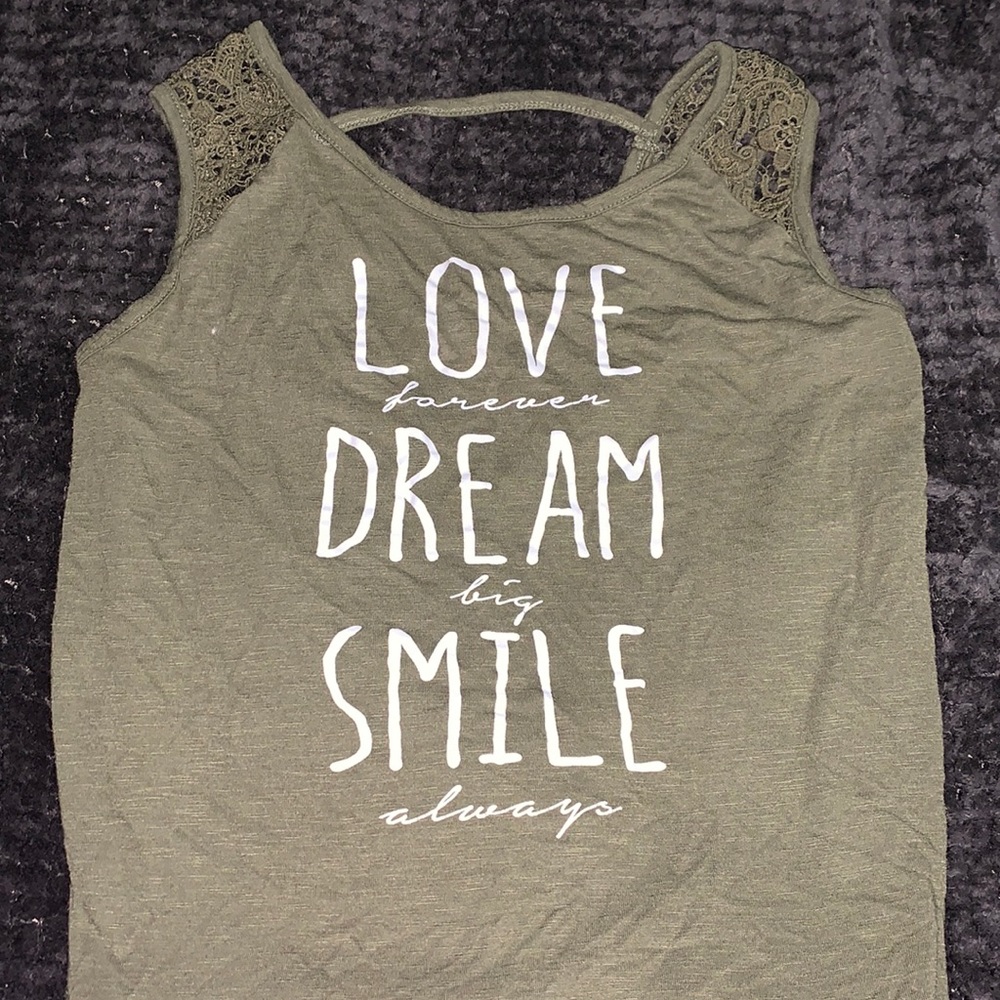 "LOVEforeverDREAMbigSMILEalways" green tank top